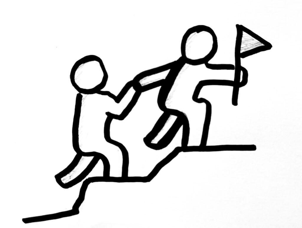 Strichmännchen steigen Treppe herauf.