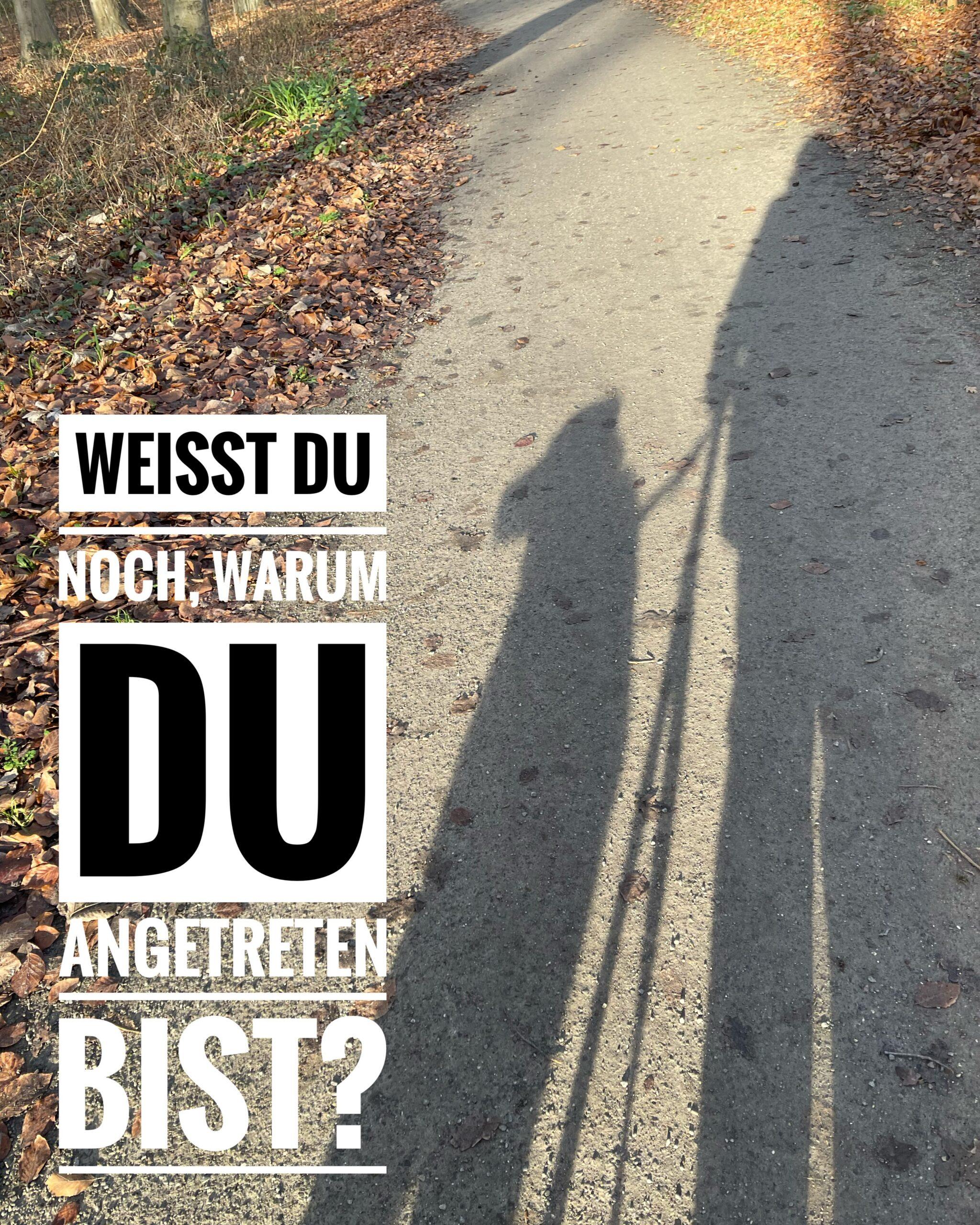 Herbstlicher Waldweg mit zwei langen Schatten und dem Schriftzug „Weißt du noch, warum du angetreten bist?“